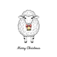 Cute Sheep with Christmas Bell and Red Bow Festive Illustration.