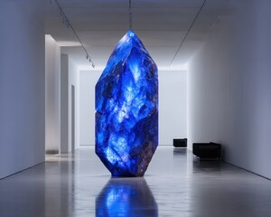 Large Blue Crystal Sculpture in Modern Gallery