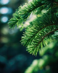 Closeup Evergreen Fir Branch With Vibrant Green Needles
