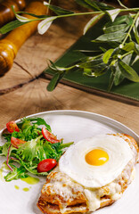 Delicious breakfast plate with fried egg and fresh salad on wooden table