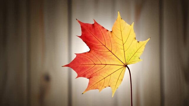 A vibrant maple leaf showcasing the beautiful transition of autumn colors, from red to yellow, set against a rustic wooden background.