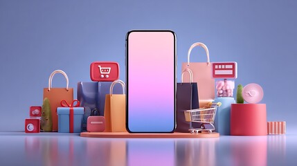 Smartphone mockup surrounded by shopping icons, gradient background, e-commerce concept, digital marketing illustration, modern flat style, vector design