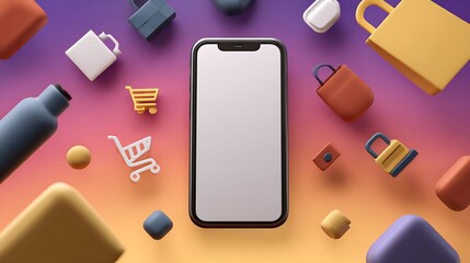 Smartphone mockup surrounded by shopping icons, gradient background, e-commerce concept, digital marketing illustration, modern flat style, vector design
