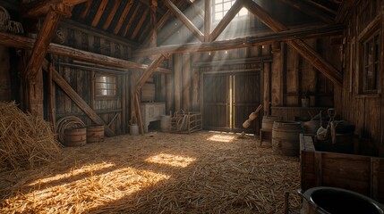 3d rustic barn interior with wooden beams, hay, farm tools and warm sunlight illuminating natural textures. cozy rural environment