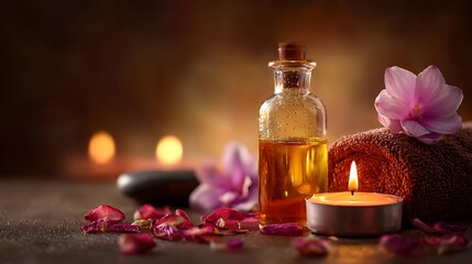 Spa scene with burning candle, massage oil and flowers, relaxing wellness atmosphere