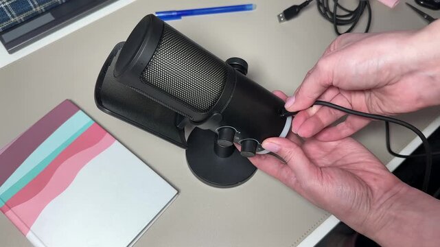 Female hand unplugging USB connector and lifting gaming microphone from desk