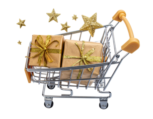 Top-Down Decorative Shopping Cart with Gold-Ribbon Presents and Floating Glitter Stars, PNG.