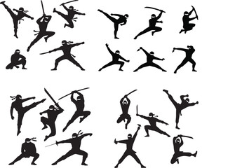 Martial arts & ninja silhouette vector set — dynamic fighting and action pose pack, black silhouettes EPS illustration for sport, fight, dojo design projects