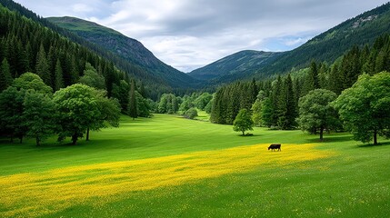 A cow grazes peacefully in a lush green meadow, surrounded by vibrant yellow wildflowers, rolling hills, and dense evergreen forests under a cloudy sky.