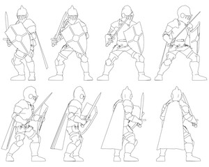 A determined knight in full armor holds a sword and shield in a defensive stance. The detailed illustration on a white background highlights the warrior's helmet, breastplate, and gauntlets.