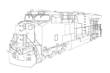Detailed diesel locomotive contour drawing on a white background serves as a printable coloring page for children.