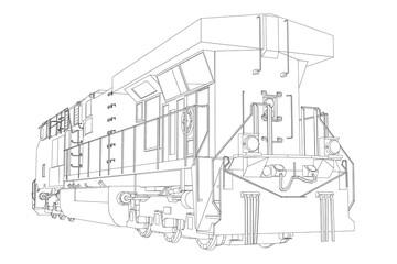 Detailed black and white line art of a train locomotive engine, featuring intricate contour details of the cab, wheels, and boiler on a clean white background.