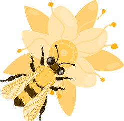 Charming vector of a honeybee collecting nectar from a blooming linden flower. The soft yellow color. Illustration ideal for botanical prints, tea packaging, or eco-product 