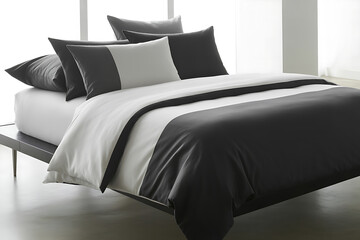Modern bedroom ensemble featuring a charcoal and white striped duvet cover with coordinating accent pillows on a comfortable bed