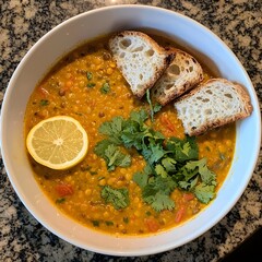 Photo of a warm lentil soup garnished with cilantro, lemon slice, and crusty bread