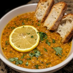 Photo of a warm lentil soup garnished with cilantro, lemon slice, and crusty bread