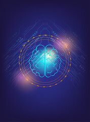 Vertical illustration of an Artificial Intelligence (AI) brain glowing with circuit patterns on a futuristic digital background