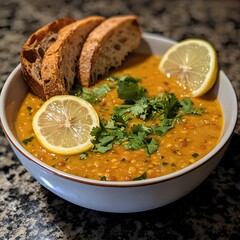Photo of a warm lentil soup garnished with cilantro, lemon slice, and crusty bread