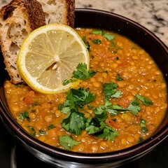 Photo of a warm lentil soup garnished with cilantro, lemon slice, and crusty bread