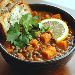 Photo of a warm lentil soup garnished with cilantro, lemon slice, and crusty bread