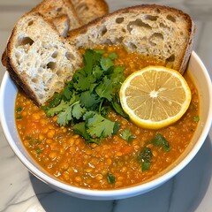 Photo of a warm lentil soup garnished with cilantro, lemon slice, and crusty bread