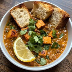 Photo of a warm lentil soup garnished with cilantro, lemon slice, and crusty bread