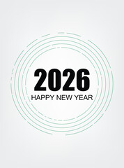 Happy New Year 2026 greeting card design with modern circular lines on a minimal light grey background.