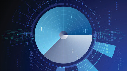 Digital radar screen with a blue futuristic technology background network scanning and data protection concept