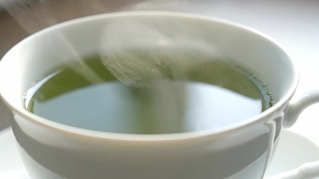 Close-up of a cup of green tea, steaming softly in a white mug.