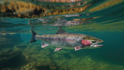 Fototapeta premium Fresh Atlantic salmon fillet on a wooden cutting board, emphasizing sustainable fishing practices, World Oceans Day