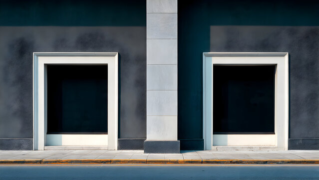 A storefront with two blank windows separated by a single bold column forming sharp geometric alignment