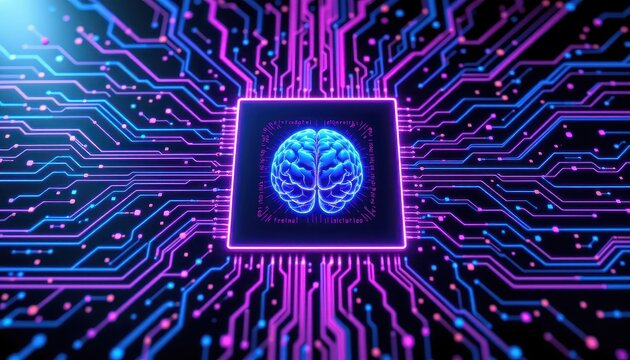 Futuristic Concept of Artificial Intelligence with Brain and Circuit Patterns in Neon Colors