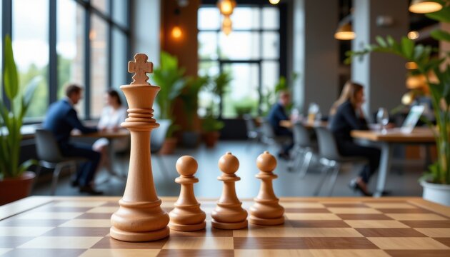 Wooden chess pieces on a table in a modern cafe with people engaged in conversation and work in the background