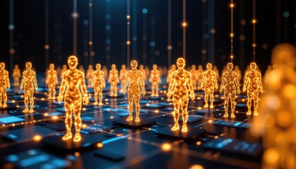 Futuristic Digital Humans in a Virtual Environment Surrounded by Glowing Data Streams and Technology Elements