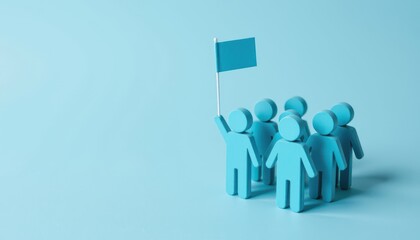 Group of Cyan Figurines Holding a Flag Symbolizing Unity and Leadership on a Soft Blue Background