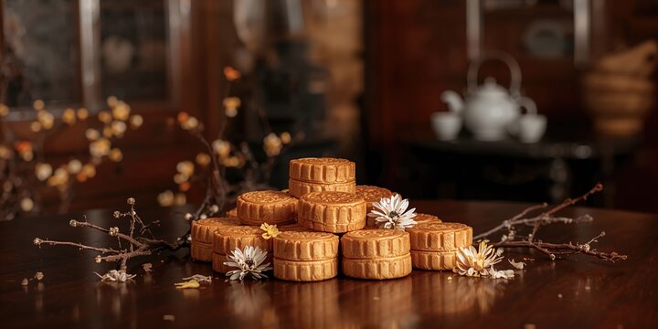 Moon cakes on a wooden table during the Mid-autumn festival, traditional food for celebration