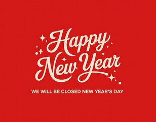 Happy new year announcement we will be closed new year s day festive red background with golden calligraphy and sparkles