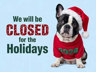 Adorable french bulldog wearing a santa hat and festive sweater announcing business closure for the holidays