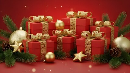 Luxury Christmas Gift Boxes with Gold Ribbons and Ornaments on Red Holiday Background