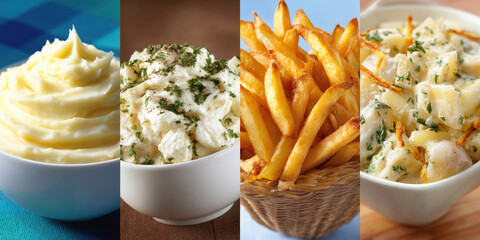 Assortment of four popular potato side dishes in bowls, including mashed, salad, fries, and creamy chunks, each presented in a vertical split composition.