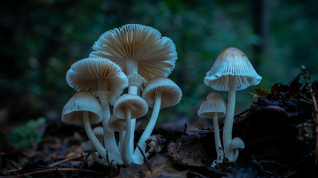 A cluster of delicate bioluminescent mushrooms glow mysteriously in a dark enchanted forest setting
