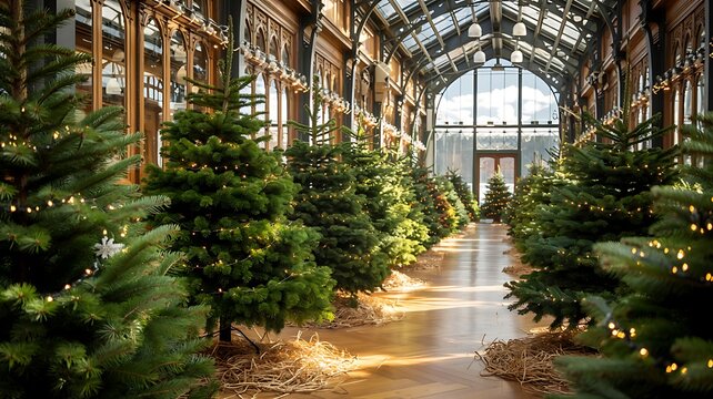Row of fresh green christmas trees displayed in a sunlit greenhouse with warm light and reflections on the floor