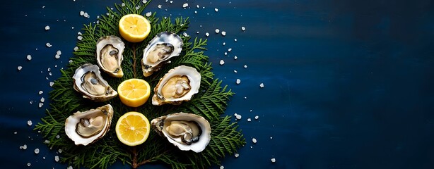 Creative christmas tree made of fresh oysters and lemon slices on dark blue background with snowflakes
