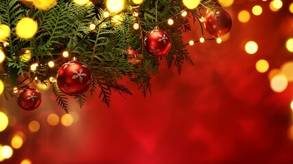 Warm glowing golden christmas lights and red baubles adorn a festive green fir tree branch creating a magical holiday background