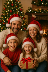 Happy Family Christmas Portrait with Santa Hats