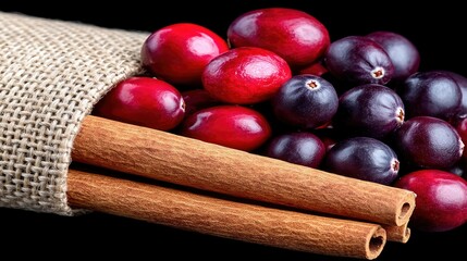 Close-up of fresh cranberries and cinnamon sticks spilling from a burlap bag against a black background. The image evokes warmth and the essence of autumn.