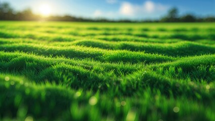 Close-up of a Vibrant Green Grassy Field Under a Clear Blue Sky on a Sunny Day.