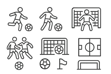 Outline icons set featuring soccer game play, equipment, and field layout