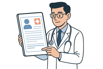 Medical professional presenting patient data on a digital tablet during consultation