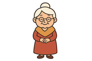 Cheerful elderly woman character standing with hands folded and a gentle smile